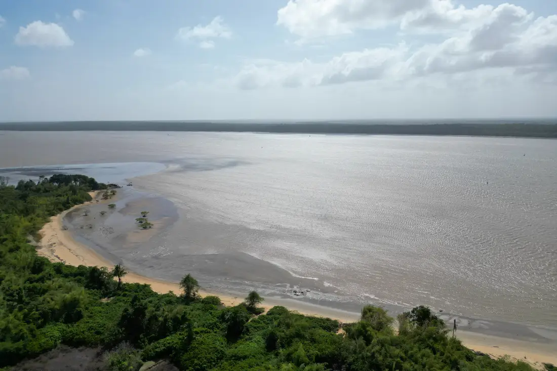 Vue aérienne du rivage du Mahury : bande de sable ourlée de végétation le long de l’eau ambrée de l’estuaire