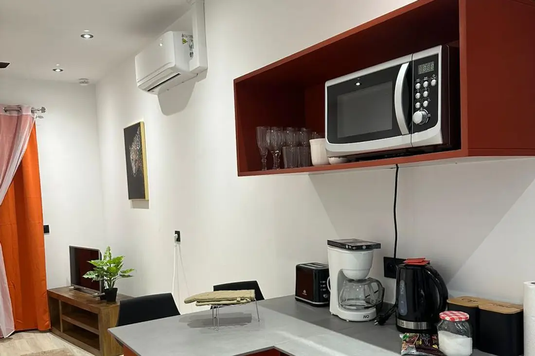 Coin cuisine d’un logement de la Résidence Francis : micro-ondes sur étagère rouge, cafetière, bouilloire et climatiseur