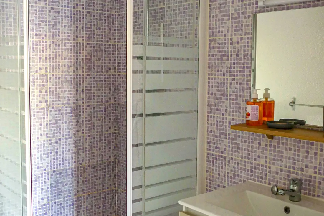 Salle d’eau à mosaïque parme d’un appartement Cayenne Chic : douche à parois vitrées, vasque blanche et étagère en bois