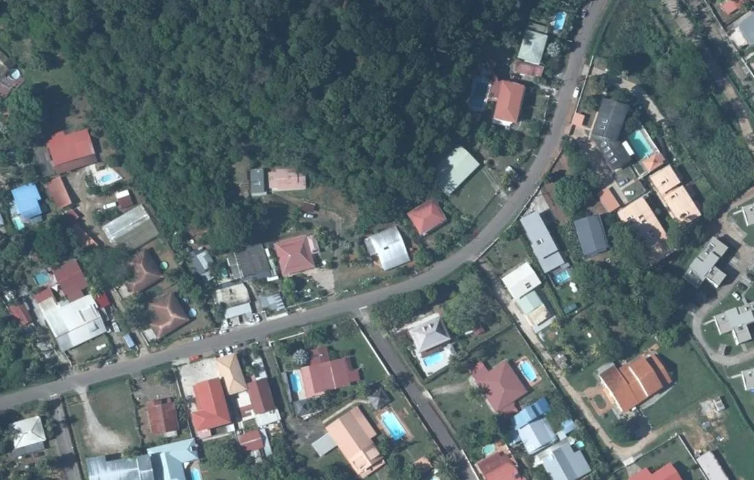 Vue aérienne verticale de la route de Bourda à Cayenne, entre les numéros 184 et 400 : villas avec piscines, quelques petits immeubles et parcelles boisées de part et d'autre de la voie