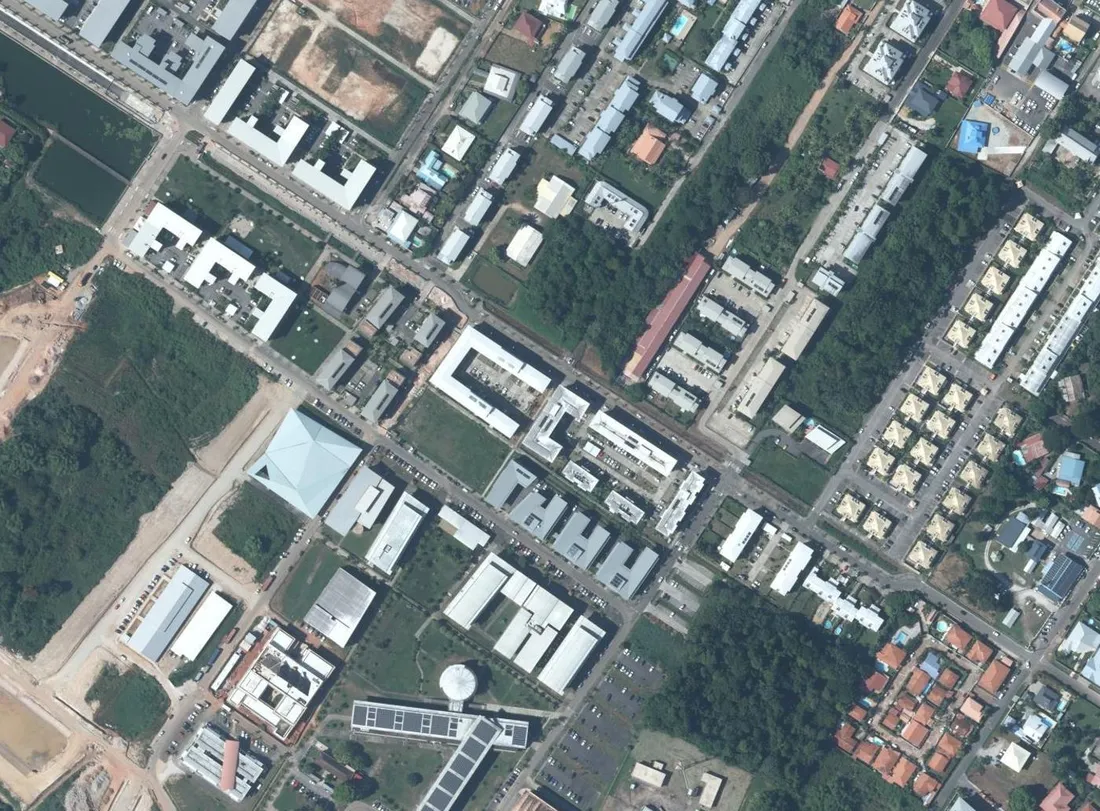 Orthophotographie aérienne du quartier Hibiscus et de la rue de l'Université à Cayenne, en Guyane : petits immeubles collectifs, lotissements pavillonnaires et campus universitaire de Troubiran