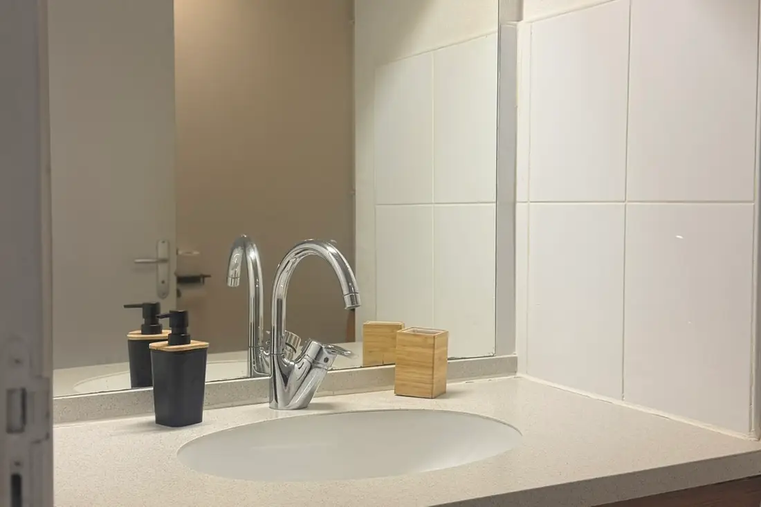 Salle d’eau du Diamant Cayennais : vasque blanche, grand miroir et accessoires en bambou