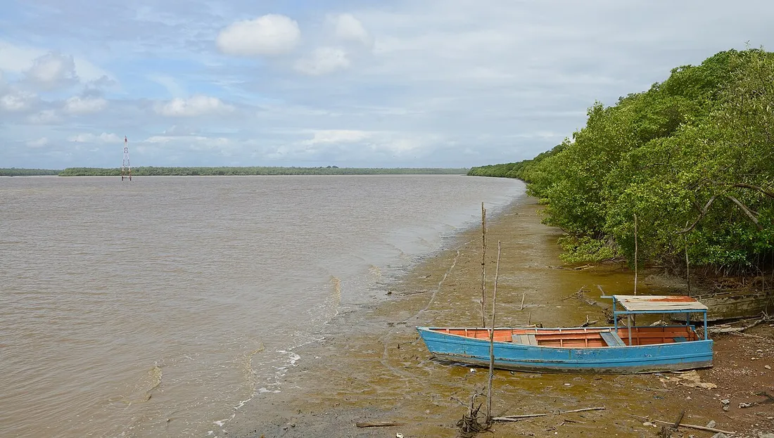 Estuaire de la rivière de Cayenne aux eaux brunes bordé de mangrove, avec une barque de pêche échouée à marée basse en Guyane