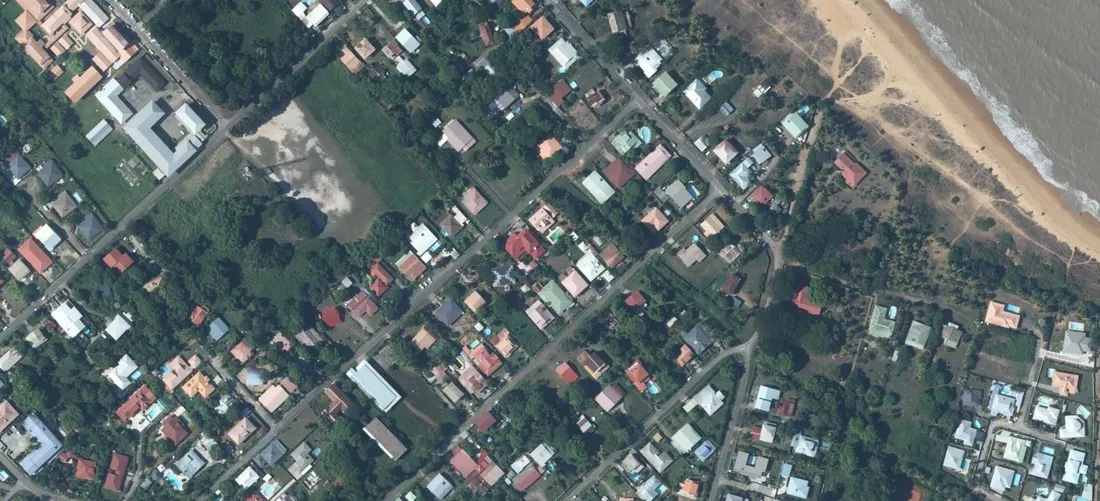 Vue aérienne verticale du bord de mer de Rémire-Montjoly : maisons individuelles sur parcelles arborées, voies de lotissement en diagonale, cordon dunaire et estran boueux dans l'angle supérieur droit