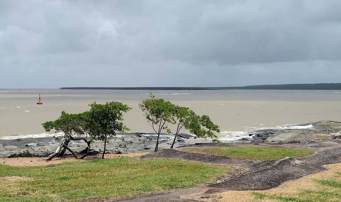 Estuaire du fleuve Kourou vu de la Pointe des Roches, arbres courbes par le vent et roches littorales