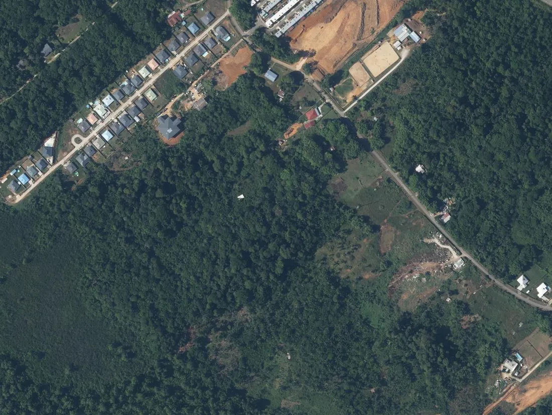Vue aérienne de l'avenue Belle Humeur à Macouria et de la parcelle AO 105, encore boisée, en Guyane