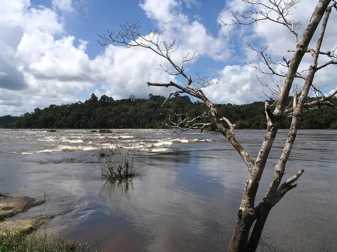 Les rapides du Saut Maripa s'etalant sur le fleuve Oyapock sous un ciel nuageux, en aval de Saint-Georges en Guyane