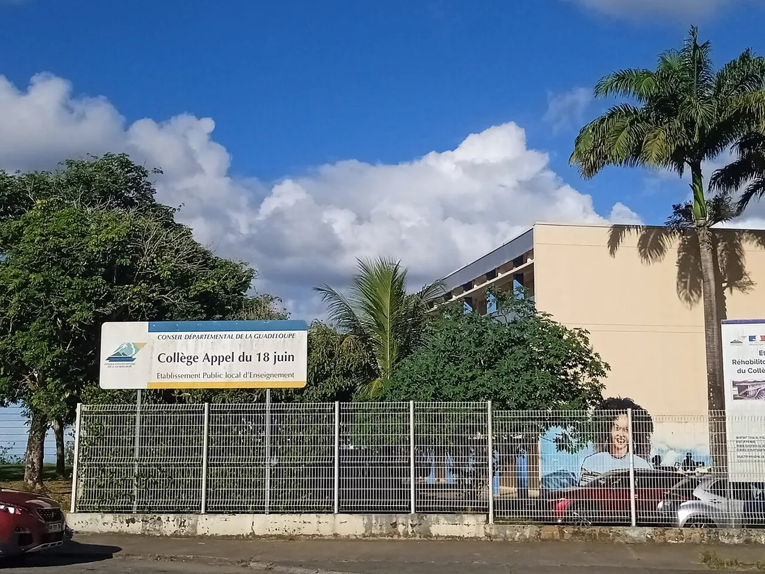 Panneau du Conseil départemental de la Guadeloupe devant le collège Appel du 18 juin, établissement public local d'enseignement au Lamentin, entouré de palmiers