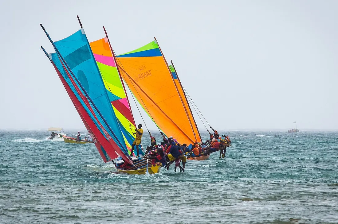 Plusieurs yoles rondes aux grandes voiles multicolores luttant côte à côte en mer, équipages en équilibre sur les bois-dressés lors du Tour des Yoles Rondes de Martinique