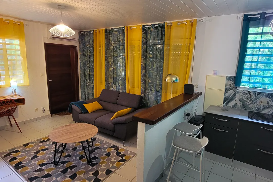 Séjour d’un appartement Cayenne Chic : canapé, table basse et rideaux clairs devant la fenêtre