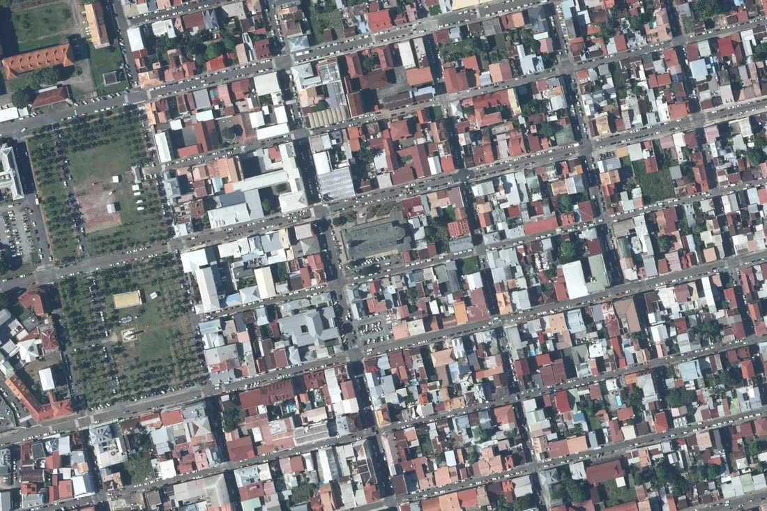 Vue aérienne verticale du centre-ville de Cayenne : la place des Palmistes et ses rangées de palmiers à gauche, la cathédrale Saint-Sauveur au centre, et le damier serré de rues où passent l'avenue du Général de Gaulle et la rue Justin Catayée